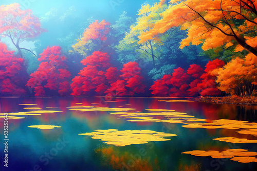 Wallpaper Mural Autumn landscape with blue lake and many red leaves above. digital illustration art. Torontodigital.ca