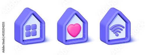 Set of real estate and homes in 3d style vector icons. Cartoon home set for concept design. Smart home, contact and support, apartments and more. Vector illustration design