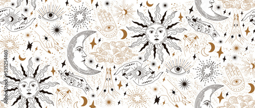 Seamless pattern with magical elements. Set of linear vector illustrations. Celestial illustrations depicting the sun, moon, planet, clouds. design elements for decoration in a modern style. Mystical 