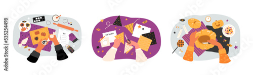 Halloween master class advertisement with hands top view during activity, cookies bakery, pumpkin carving, bunting crafting. Holiday creative occupation concept. Vector illustrations set.