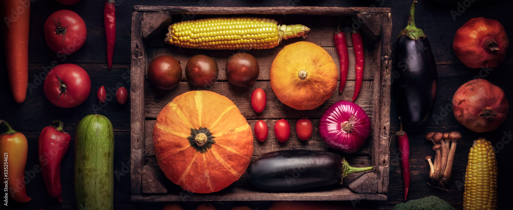Autumn harvest background is a long photo concept on a wooden table. Assortment of fresh juicy fruits and vegetables on a black dark background. Veganism and raw food.