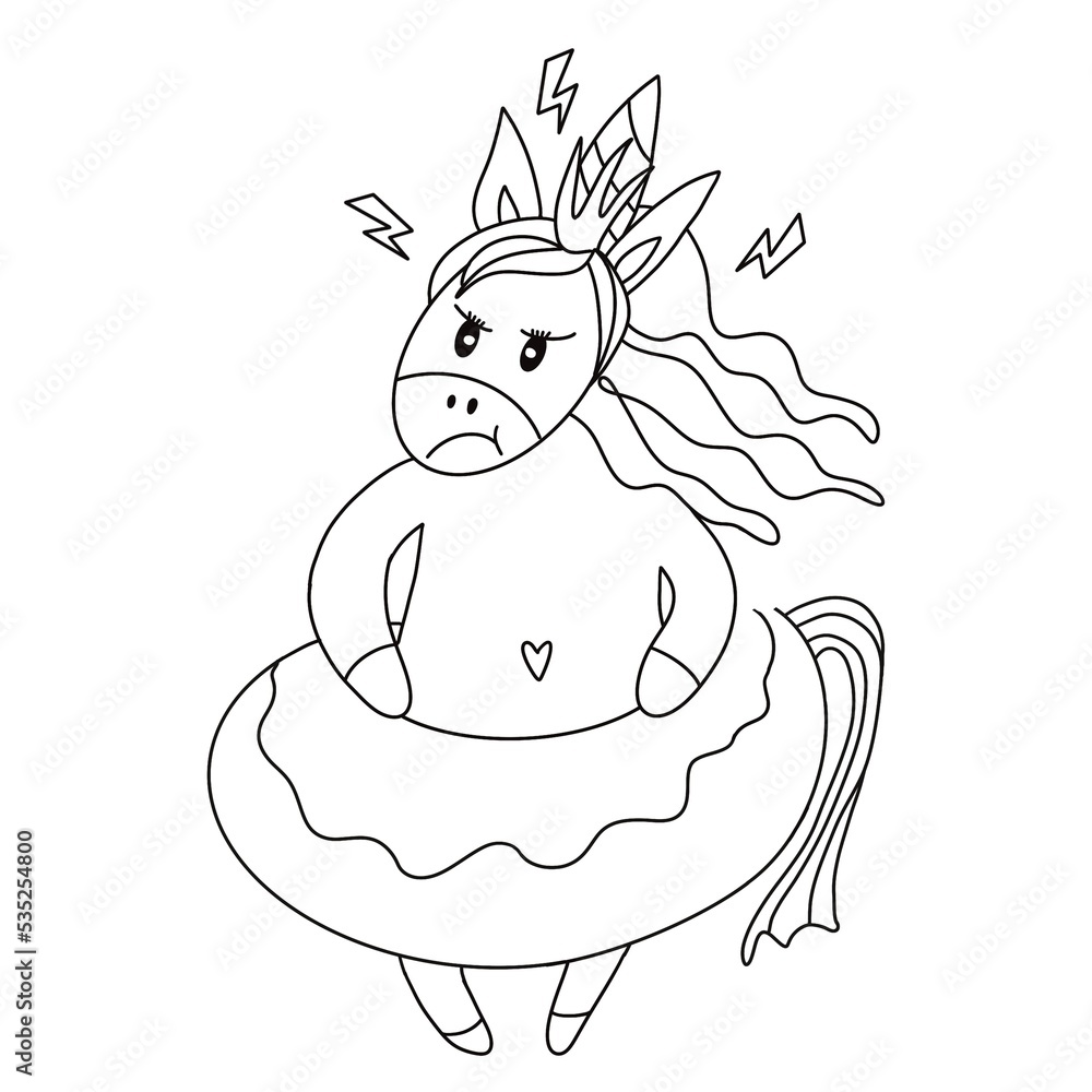 Coloring book. Cute cartoon unicorn. illustration depicting the emotion ...