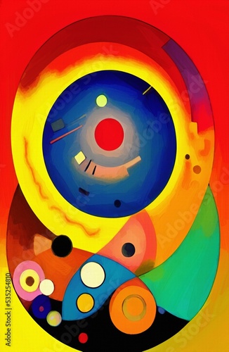 Circle in circles digiatl abstract wall art print, painting in abstractionism modern cubism and expressionism mixed style. Vibrant artwork background pattern for creaive design creation. photo