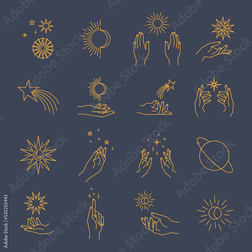Aesthetic hands and cosmic and celestial elements. Universal cosmos related icons. Linear vector illustrations. Magic and Witchcraft symbology.