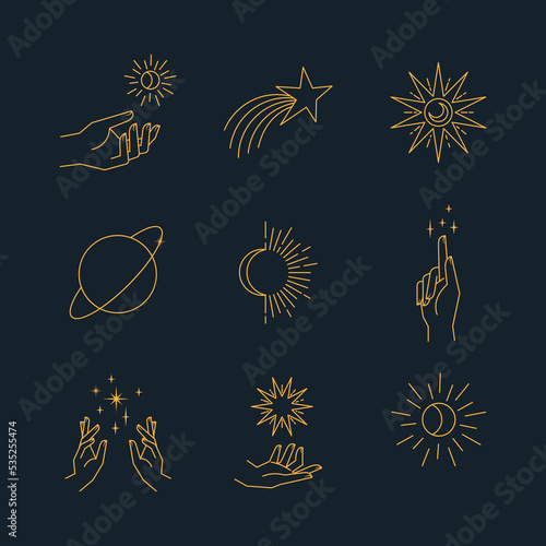 Aesthetic hands and cosmic and celestial elements. Universal cosmos related icons. Linear vector illustrations. Magic and Witchcraft symbology.