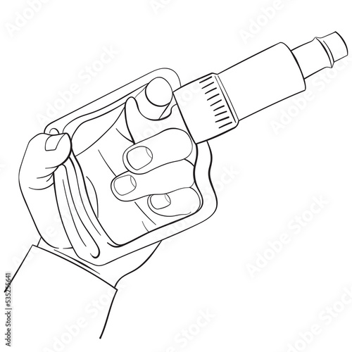 A hand holds a pump for vacuum cupping for bloodletting, a line drawing.