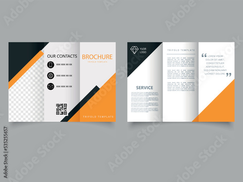 Trifold brochure with orange triangle. Concept Tri-fold Design and Brochure,