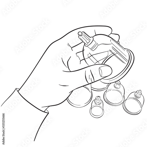 A hand holds a jar for bloodletting, a line drawing.