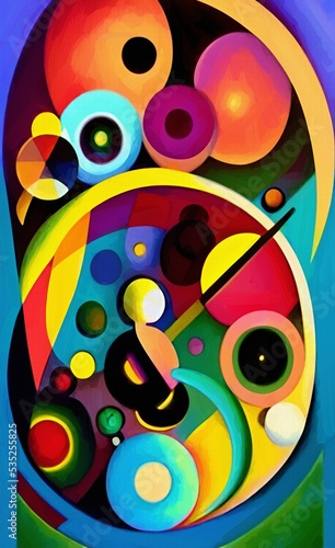Circle in circles digiatl abstract wall art print  painting in abstractionism modern cubism and expressionism mixed style. Vibrant artwork background pattern for creaive design creation.