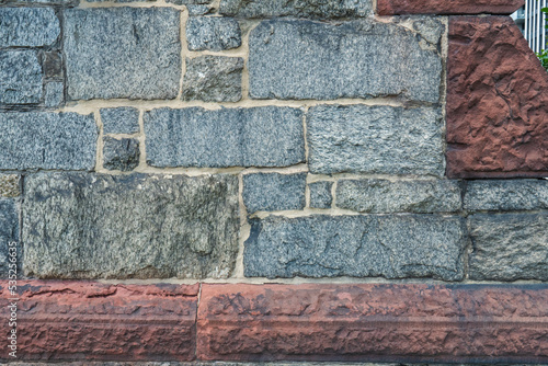 heavy stone blocks and mortar on the foundation of a historic church building with unique architectural features photo