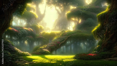 Garden of Eden, exotic fairytale fantasy forest, Green oasis. Unreal fantasy landscape with trees and flowers. Sunlight, shadows, creepers and an arch. 3D illustration.