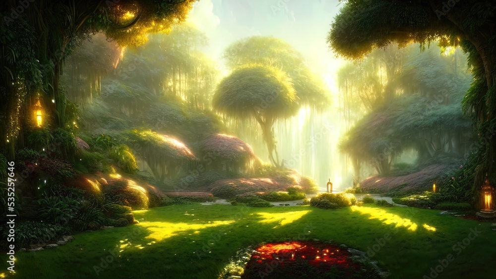 Garden of Eden, exotic fairytale fantasy forest, Green oasis. Unreal fantasy landscape with trees and flowers. Sunlight, shadows, creepers and an arch. 3D illustration. - obrazy, fototapety, plakaty 