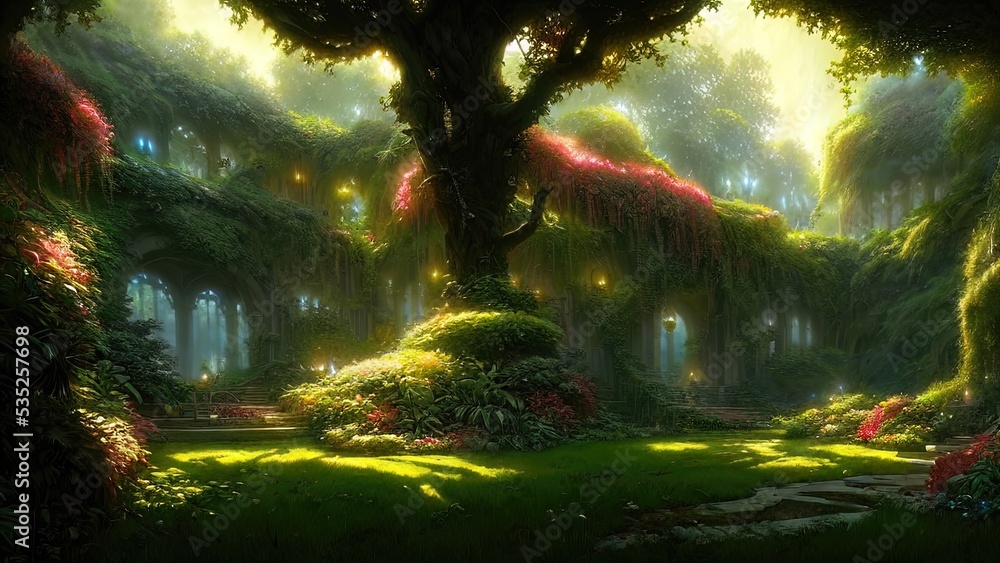 Fototapeta premium Garden of Eden, exotic fairytale fantasy forest, Green oasis. Unreal fantasy landscape with trees and flowers. Sunlight, shadows, creepers and an arch. 3D illustration.