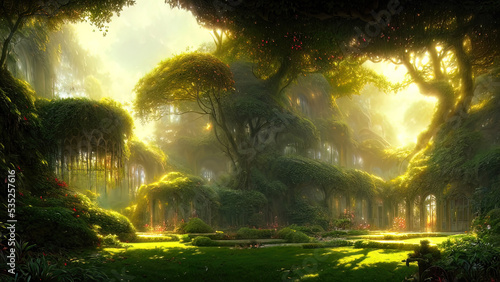 Garden of Eden, exotic fairytale fantasy forest, Green oasis. Unreal fantasy landscape with trees and flowers. Sunlight, shadows, creepers and an arch. 3D illustration.