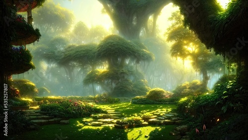 Garden of Eden, exotic fairytale fantasy forest, Green oasis. Unreal fantasy landscape with trees and flowers. Sunlight, shadows, creepers and an arch. 3D illustration.