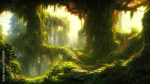Garden of Eden, exotic fairytale fantasy forest, Green oasis. Unreal fantasy landscape with trees and flowers. Sunlight, shadows, creepers and an arch. 3D illustration.