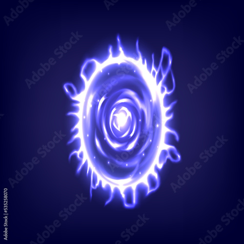 Circle teleport podium. Portal science futuristic stage. Sci-fi digital hi-tech in HUD projector. Magic gate in game fantasy. Portal to another universe. Warp ring, teleport gate in cartoon
