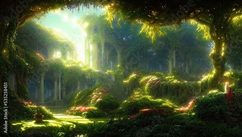 Garden of Eden  exotic fairytale fantasy forest  Green oasis. Unreal fantasy landscape with trees and flowers. Sunlight  shadows  creepers and an arch. 3D illustration.