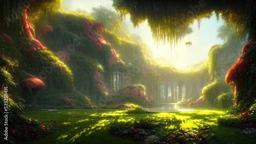 Garden of Eden, exotic fairytale fantasy forest, Green oasis. Unreal fantasy landscape with trees and flowers. Sunlight, shadows, creepers and an arch. 3D illustration.