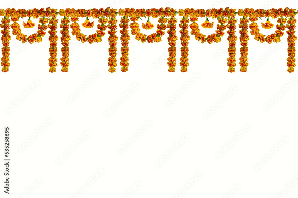 garland of marigold flower for indian hindu religious,weeding decoration isolated on white background with copy space