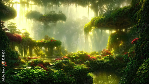 Garden of Eden, exotic fairytale fantasy forest, Green oasis. Unreal fantasy landscape with trees and flowers. Sunlight, shadows, creepers and an arch. 3D illustration.