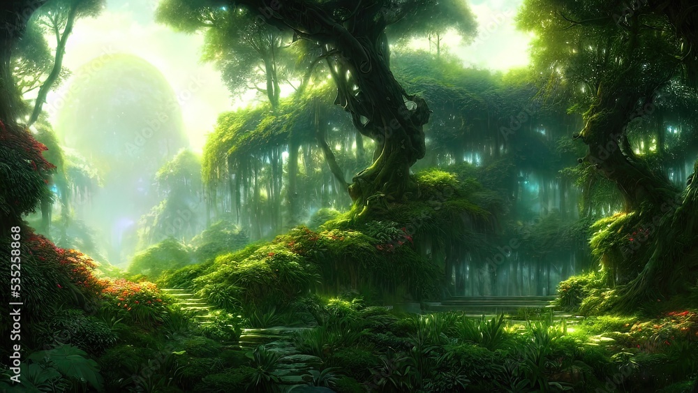 Fototapeta premium Garden of Eden, exotic fairytale fantasy forest, Green oasis. Unreal fantasy landscape with trees and flowers. Sunlight, shadows, creepers and an arch. 3D illustration.