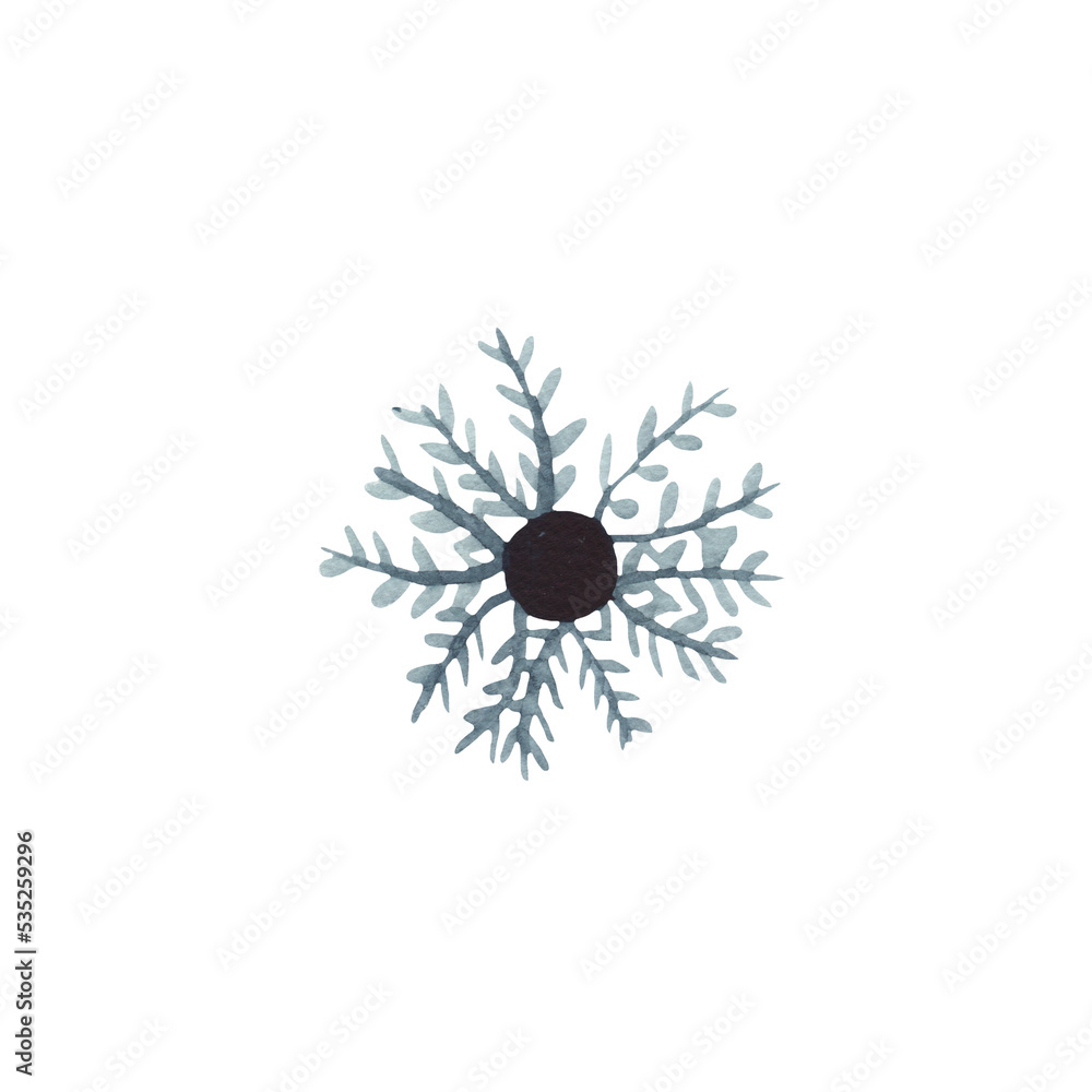 Obraz premium Hand drawn watercolour illustration of dark blue snowflake. Isolated on white background.