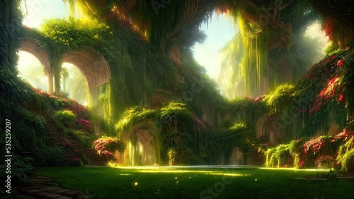 Garden of Eden  exotic fairytale fantasy forest  Green oasis. Unreal fantasy landscape with trees and flowers. Sunlight  shadows  creepers and an arch. 3D illustration.