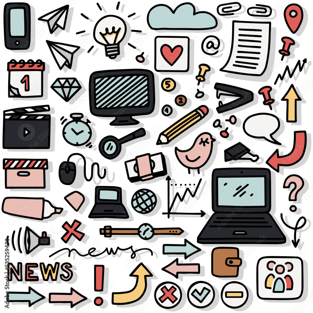 hand drawn virtual business technology workspace doodle elements colorful linear symbols isolated on white background hand drawn virtual business technology workspace doodle elements colorful linear symbols isolated on white background