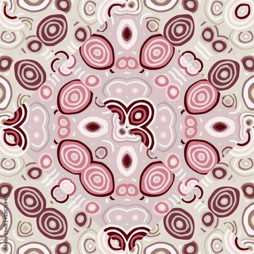 Decorative abstract mosaic ornament. Kaleidoscope seamless pattern. Hand drawn circle shapes wallpaper.