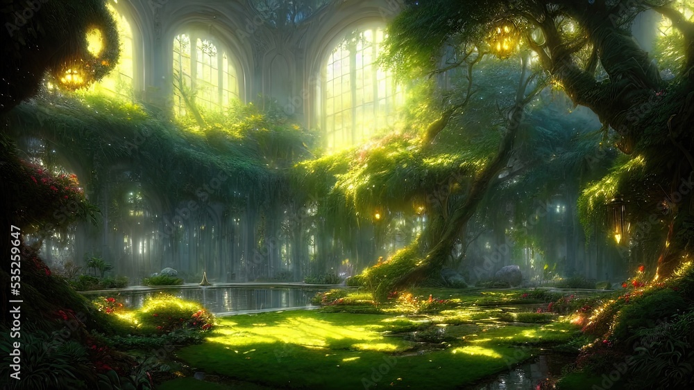 Garden of Eden, exotic fairytale fantasy forest, Green oasis. Unreal fantasy landscape with trees and flowers. Sunlight, shadows, creepers and an arch. 3D illustration.