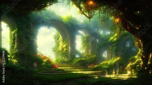 Garden of Eden, exotic fairytale fantasy forest, Green oasis. Unreal fantasy landscape with trees and flowers. Sunlight, shadows, creepers and an arch. 3D illustration.