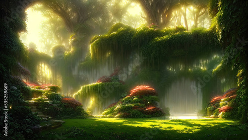 Garden of Eden, exotic fairytale fantasy forest, Green oasis. Unreal fantasy landscape with trees and flowers. Sunlight, shadows, creepers and an arch. 3D illustration.