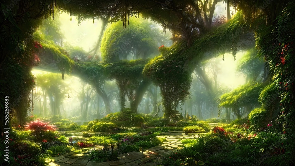 Fototapeta premium Garden of Eden, exotic fairytale fantasy forest, Green oasis. Unreal fantasy landscape with trees and flowers. Sunlight, shadows, creepers and an arch. 3D illustration.