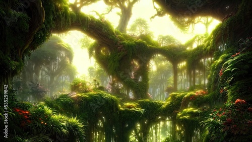 Garden of Eden, exotic fairytale fantasy forest, Green oasis. Unreal fantasy landscape with trees and flowers. Sunlight, shadows, creepers and an arch. 3D illustration.