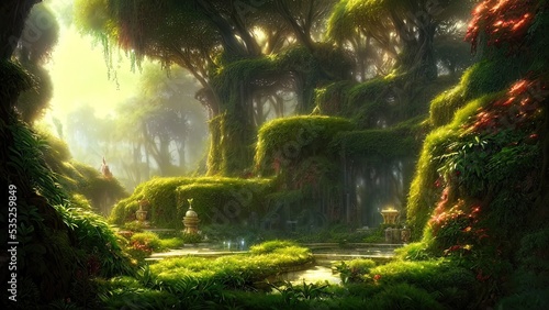 Fotografia Garden of Eden, exotic fairytale fantasy forest, Green oasis