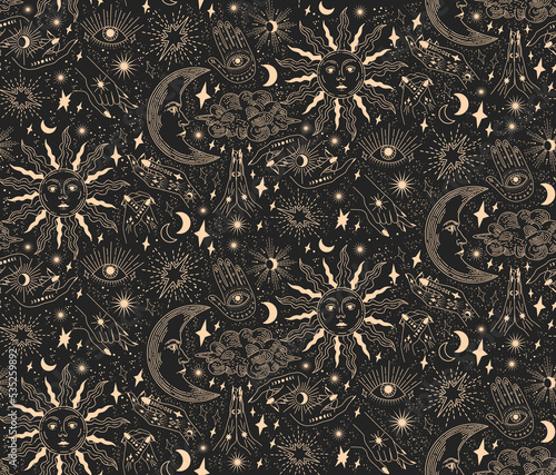 Seamless pattern with magical elements. Set of linear vector illustrations. Celestial illustrations depicting the sun, moon, planet, clouds. design elements for decoration in a modern style.