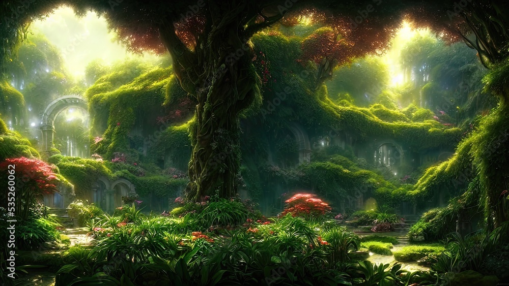 Obraz premium Garden of Eden, exotic fairytale fantasy forest, Green oasis. Unreal fantasy landscape with trees and flowers. Sunlight, shadows, creepers and an arch. 3D illustration.
