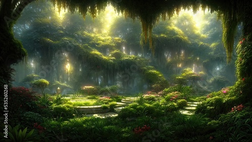 Garden of Eden, exotic fairytale fantasy forest, Green oasis. Unreal fantasy landscape with trees and flowers. Sunlight, shadows, creepers and an arch. 3D illustration.