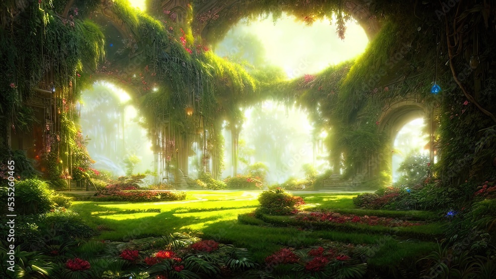 Naklejka premium Garden of Eden, exotic fairytale fantasy forest, Green oasis. Unreal fantasy landscape with trees and flowers. Sunlight, shadows, creepers and an arch. 3D illustration.