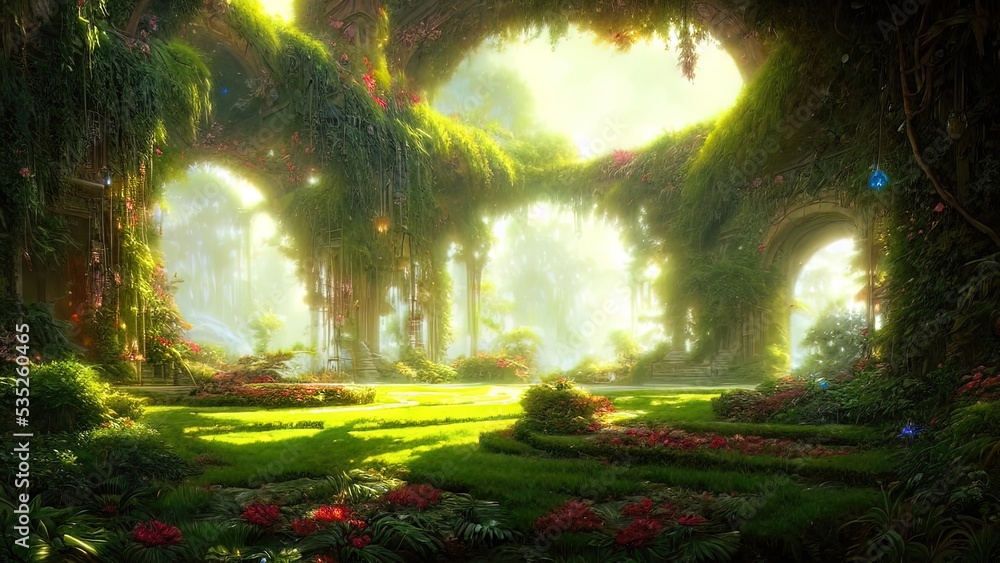 Obraz premium Garden of Eden, exotic fairytale fantasy forest, Green oasis. Unreal fantasy landscape with trees and flowers. Sunlight, shadows, creepers and an arch. 3D illustration.