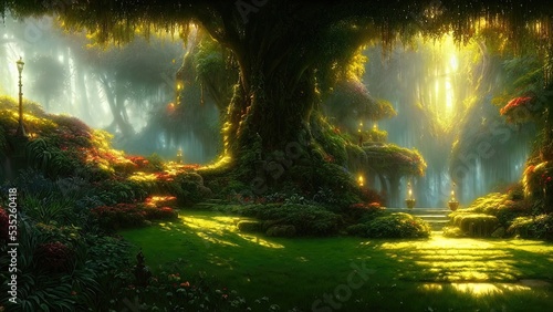 Garden of Eden, exotic fairytale fantasy forest, Green oasis. Unreal fantasy landscape with trees and flowers. Sunlight, shadows, creepers and an arch. 3D illustration. photo