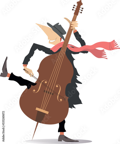 Strong wind. Cellist playing cello. 
Smiling cellist playing music with inspiration. Isolated on white background
