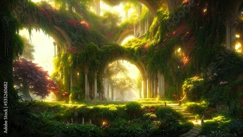 Garden of Eden, exotic fairytale fantasy forest, Green oasis. Unreal fantasy landscape with trees and flowers. Sunlight, shadows, creepers and an arch. 3D illustration.