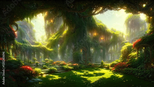 Garden of Eden  exotic fairytale fantasy forest  Green oasis. Unreal fantasy landscape with trees and flowers. Sunlight  shadows  creepers and an arch. 3D illustration.