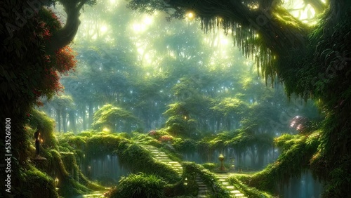 Garden of Eden, exotic fairytale fantasy forest, Green oasis. Unreal fantasy landscape with trees and flowers. Sunlight, shadows, creepers and an arch. 3D illustration.