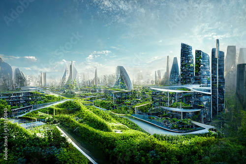 Futuristic green city. AI generated illustration. Futuristic cityscape.