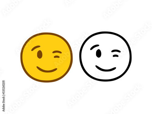 Winking emoticon in doodle style isolated on white background