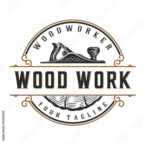 carpenter vintage logo design. hand plane, saw and wood icon, for carpentry, furniture, crafts and home improvement.
