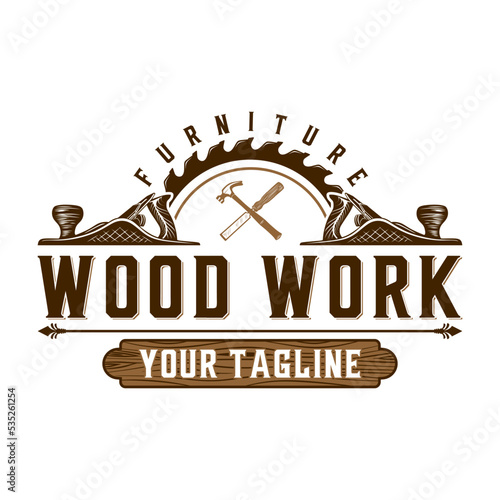 Vintage carpentry design logo, hand plane icon, hammer, chisel and saw, perfect for crafts, carpentry, furniture and construction